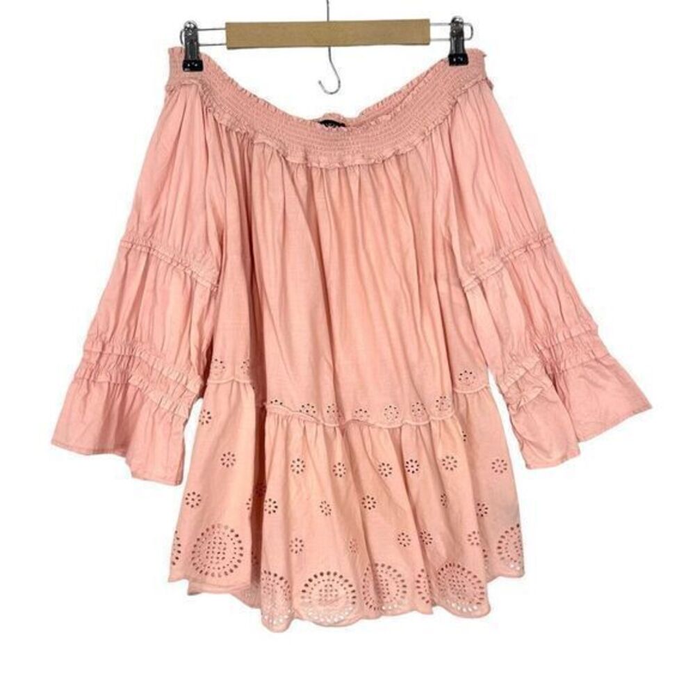 Lane Bryant Blouse Women Size 16 Pink Off The Shoulder Eyelet Scallop Hem Tiered